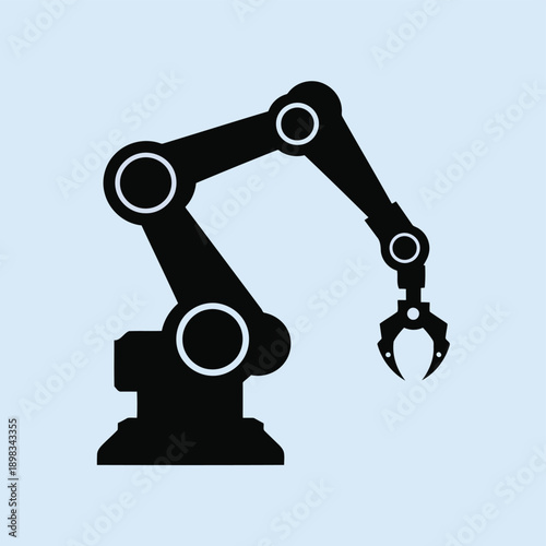 Industrial robotic arm with gripper in operation against a plain background