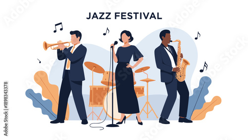 Group of three jazz musicians including a trumpeter, a female singer, and a saxophonist performing at a festival.