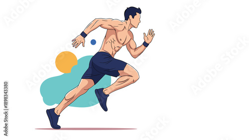 Muscular male athlete in dark shorts sprinting with intense focus and powerful motion during a workout session.
