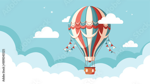 Colorful vintage-style hot air balloon with banners soaring through a bright blue sky filled with fluffy white clouds.