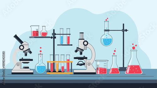 Professional chemistry laboratory workspace with microscopes, flasks, test tubes, and colorful chemical solutions on a desk.