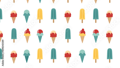 Sweet repeating pattern of various colorful ice cream cones and popsicles arranged neatly on a plain white background.