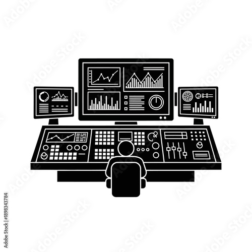 Control room operator with multiple screens.