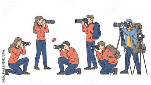 Group of professional male and female photographers use various cameras and tripods while working in different creative poses.