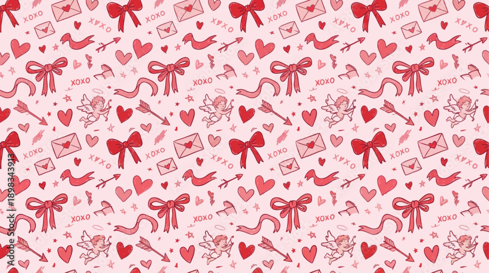 Naklejka premium Cute Hand Drawn Valentine Pattern with Cupid Arrows and Love Symbols