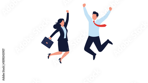Excited businessman and businesswoman in professional attire jump high into the air to celebrate a major career achievement.