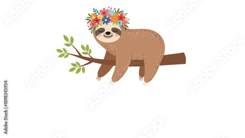 Cute brown sloth with a colorful flower crown sleeps peacefully while hanging from a tree branch on a white background.
