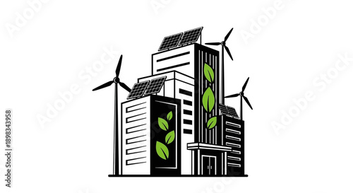 Eco friendly city buildings with wind turbines.