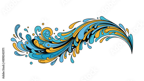 Dynamic wave illustration features swirling water splashes in vibrant blue and golden yellow colors against a white background.