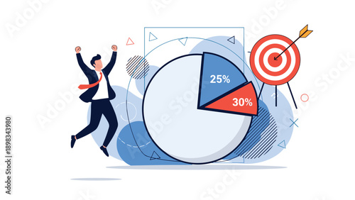 Successful businessman jumps with joy in front of a colorful pie chart and a target with an arrow hitting the bullseye.