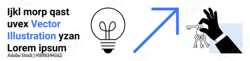 Business growth, innovation, opportunities, key solutions, leadership, creativity. A light bulb, upward arrow and keys in hand. Innovation and business growth concept