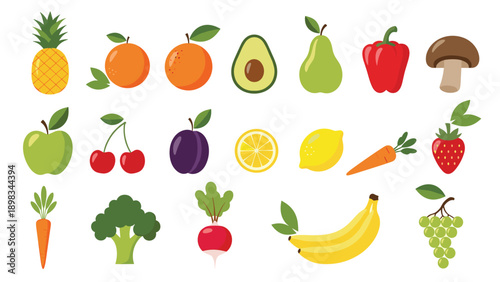 Comprehensive set of flat colorful icons representing various healthy fruits and fresh vegetables for nutrition and diet concept.