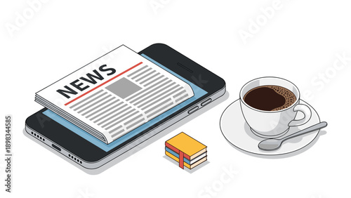 Smartphone displaying a news page next to a cup of black coffee and small books on a clean white background for media concept.