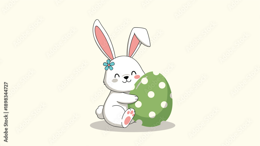 Fototapeta premium Small white bunny character with a blue flower on its head hugging a large green polka dot Easter egg on a light yellow background.