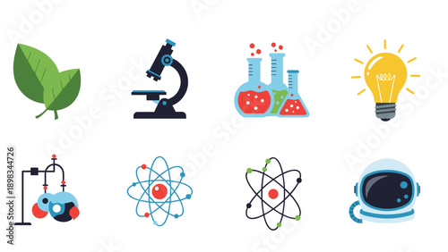Scientific flat vector icon set featuring icons for microscope test tubes lightbulb atoms and a detailed astronaut helmet.