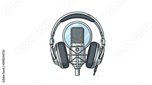 High quality studio condenser microphone and professional headphones set on a clean white background for podcasting and music.