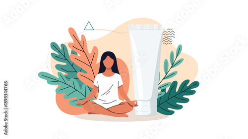 Peaceful woman sitting in lotus position meditating next to a large white cosmetic tube with abstract leaves on background.