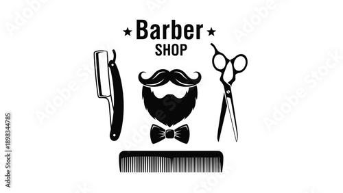 Vintage barber shop logo and set of design elements including straight razor bearded face scissors bowtie and a comb icon.