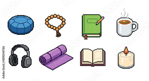 Pixel art icons for relaxation, meditation, and wellbeing
