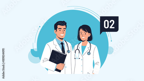 Professional medical team consisting of a male and female doctor in white coats providing healthcare services.
