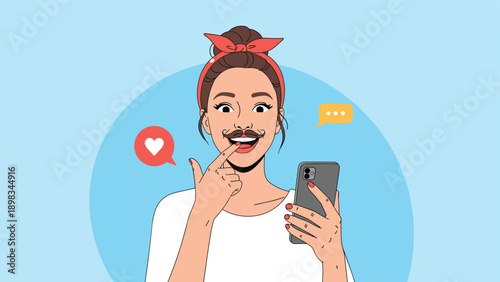 Cheerful young woman with a red bandana taking a fun selfie with a mustache filter on her smartphone against a blue background.