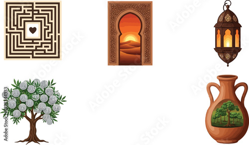A collection of intricate illustrations featuring a maze with a heart, desert archway, lantern, and family tree