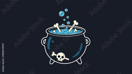 Spooky black witch cauldron filled with a bubbling blue potion and bones for a halloween themed design.