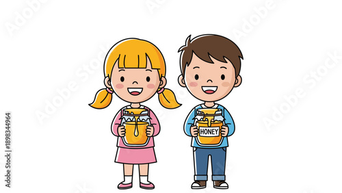 Happy young boy and girl standing together and holding large glass jars of golden honey on a white background.