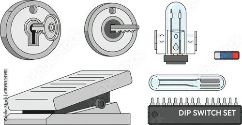 A set of detailed technical illustrations including keys in locks, a lightbulb, eraser, and a DIP switch set