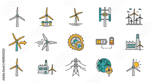 Iconic collection of renewable energy sources and sustainable practices illustrations