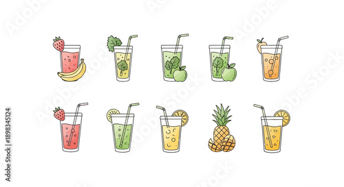 Illustrated Assortment of Refreshing Beverages and Fruity Concoctions on a White Backdrop