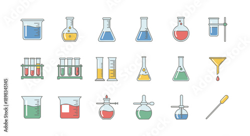 Illustrated chemical glassware and laboratory tools on a white background, science concept