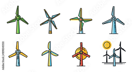 Illustrated collection of colorful wind turbines representing sustainable energy solutions