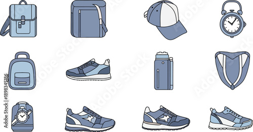 Collection of various sports and travel accessories including backpacks, shoes, hat, alarm clock and water bottle