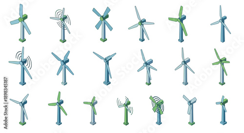 Illustrated collection of windmills with unique designs, capturing the essence of renewable energy