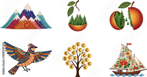 Diverse artistic illustrations featuring nature mountains, tree, apple, bird, money tree, and sailboat