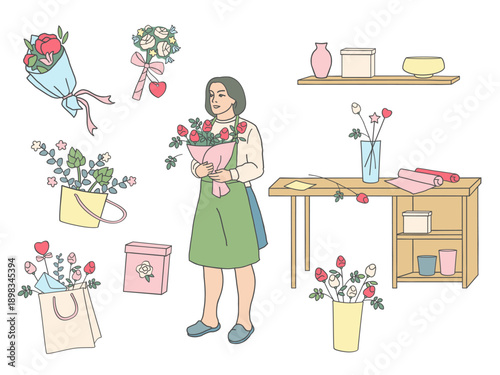 Florist shop illustration set with woman character, flowers, tools and decor in flat outline style. Collection of floral elements isolated on white background.