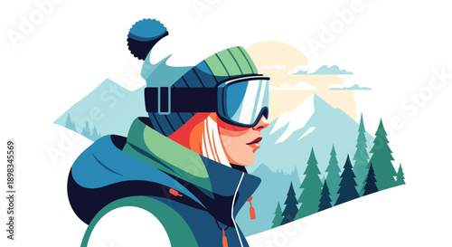Woman Wearing Ski Goggles and Winter Gear.