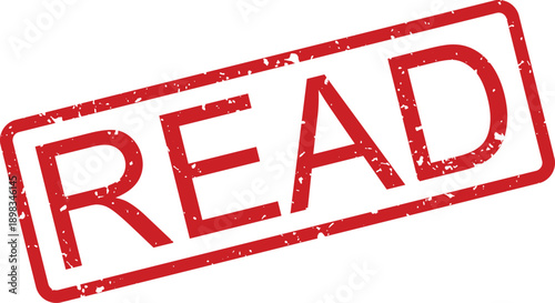 A vibrant red grunge rubber stamp presents the word READ clearly within its traditional rectangular border
