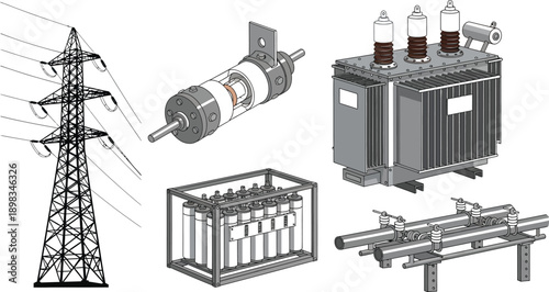 Electrical power transmission equipment with transmission tower fuse cutout transformer capacitor bank and pipes for industry