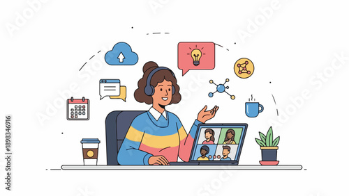 A woman on a video call, various icons surround her, on a white background