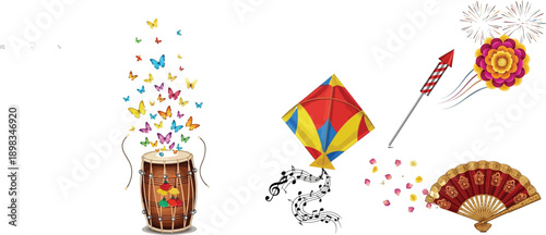Set of indian festival elements including a drum with butterflies, a colorful kite, a firecracker, and a fan