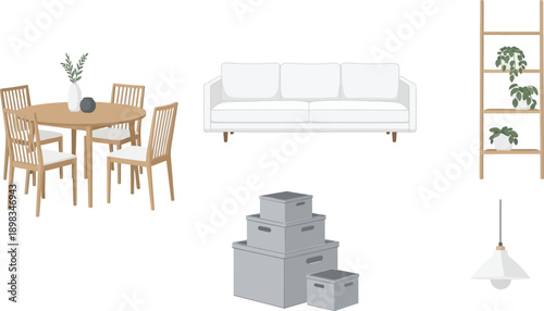 Set of modern home furniture and decor, including dining table, chairs, sofa, and storage boxes