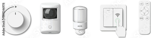 Smart home device control collection with dimmer switch camera motion sensor light switch and remote control