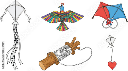 Traditional kite flying festival vector set with colorful bird shaped kite spools of thread and creative heart design