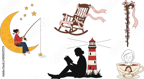 Whimsical scene with person fishing on moon, rocking chair, lighthouse, reader and girl in teacup bath