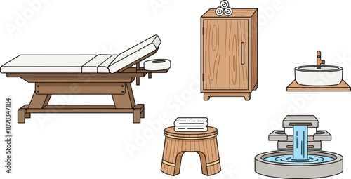 Wellness spa interior elements with massage table wooden cabinet stone water fountain stool and white vessel sink setup