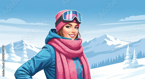 Woman Wearing Ski Goggles and Pink Scarf.