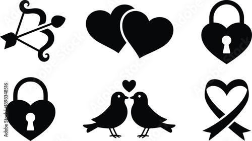 Valentine couple silhouette icon set featuring holding hands hug kiss under heart and flower giving romantic love poses vector illustration