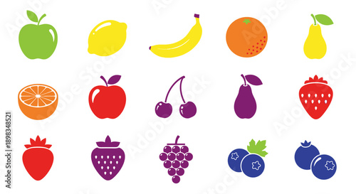 A vibrant assortment of various fruits displayed in a clean, graphic style